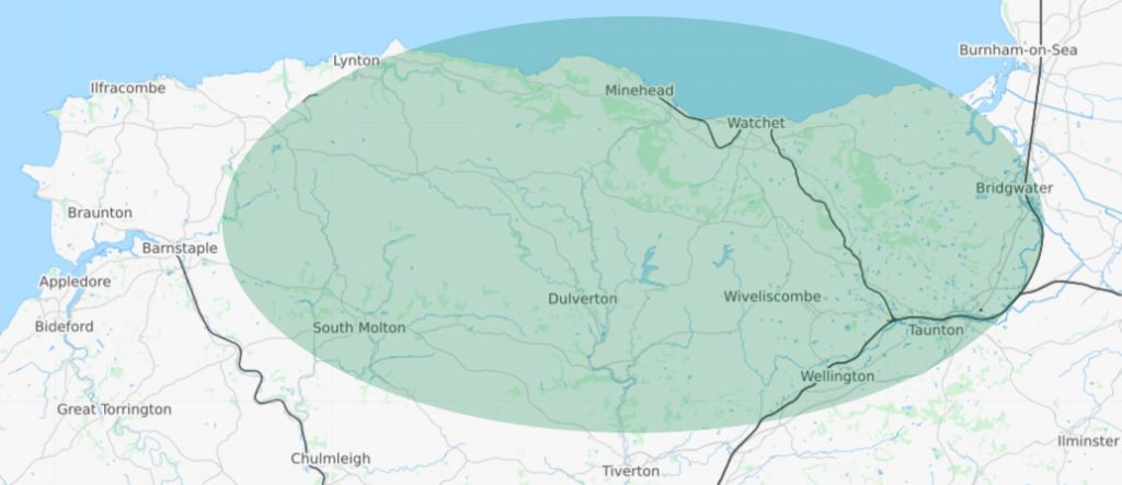 A map showing the area covered by Exmoor Landscaping and West Somerset Turf